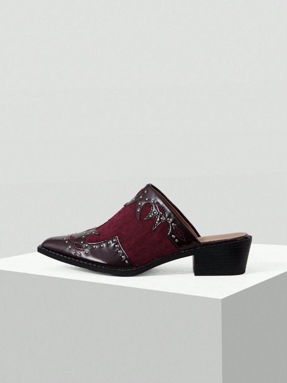 Burgundy Casual Women's Textured Patchwork Mule Chunky Heel Slip-On Shoes - Picture 6 of 9
